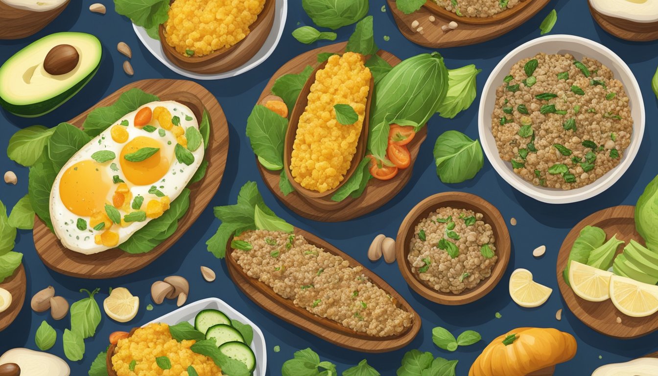 A wooden table with 7 breakfast boats made from zucchinis, filled with mushroom and quinoa, surrounded by fresh ingredients