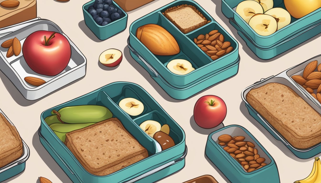 A bento box with compartments filled with almond butter and apple slices, along with other diabetic-friendly breakfast options