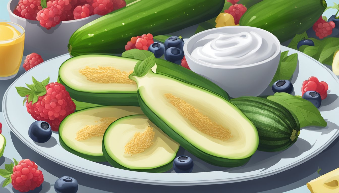 A plate of zucchini halves filled with Greek yogurt and berries, surrounded by ingredients