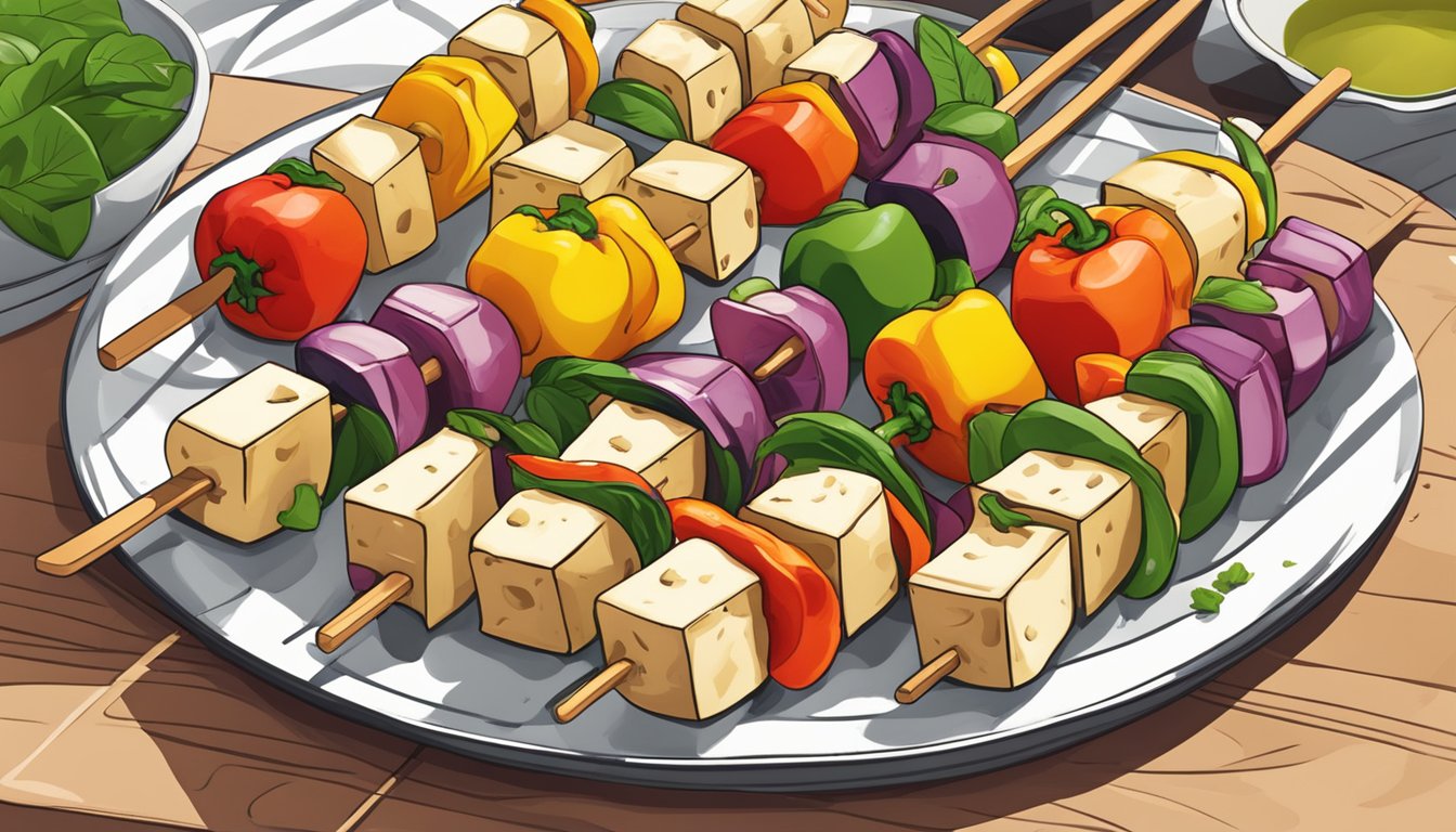 A colorful array of tofu and bell pepper kebabs arranged on a plate, ready to be grilled