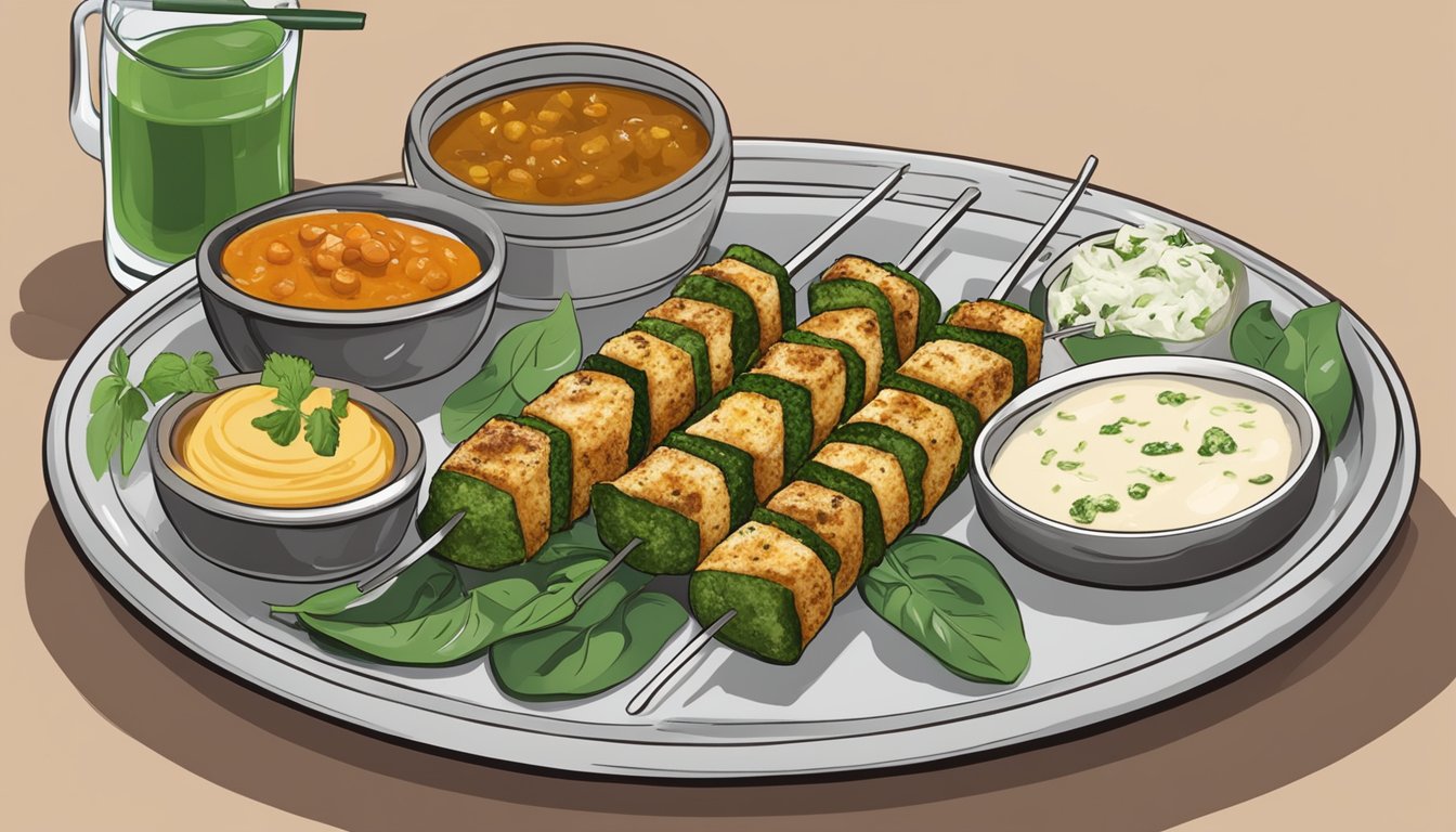 A plate of paneer and spinach kebabs arranged with garnishes and a side of chutney