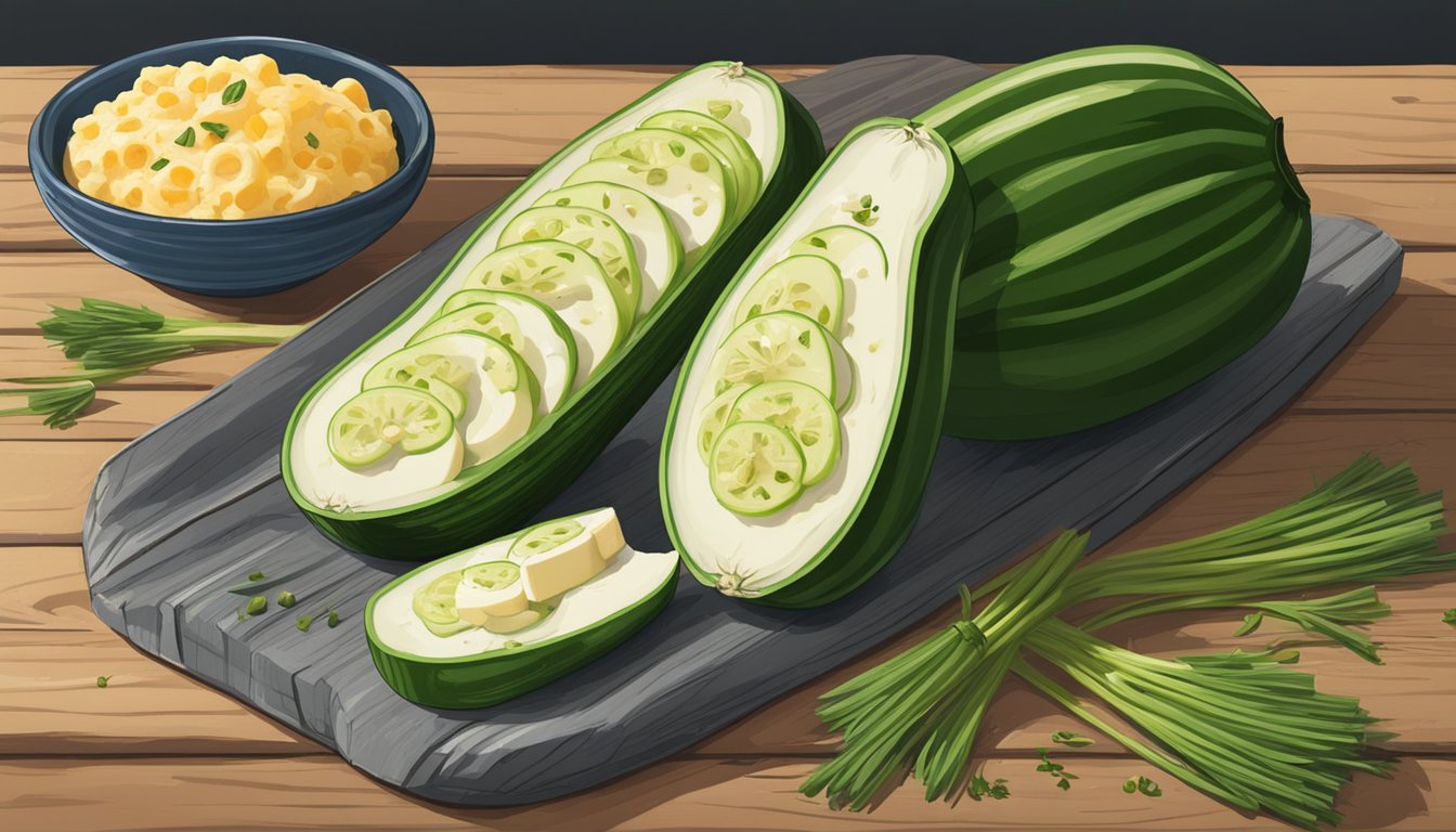 A zucchini split in half, filled with cottage cheese and chives, sits on a rustic wooden table surrounded by other breakfast ingredients