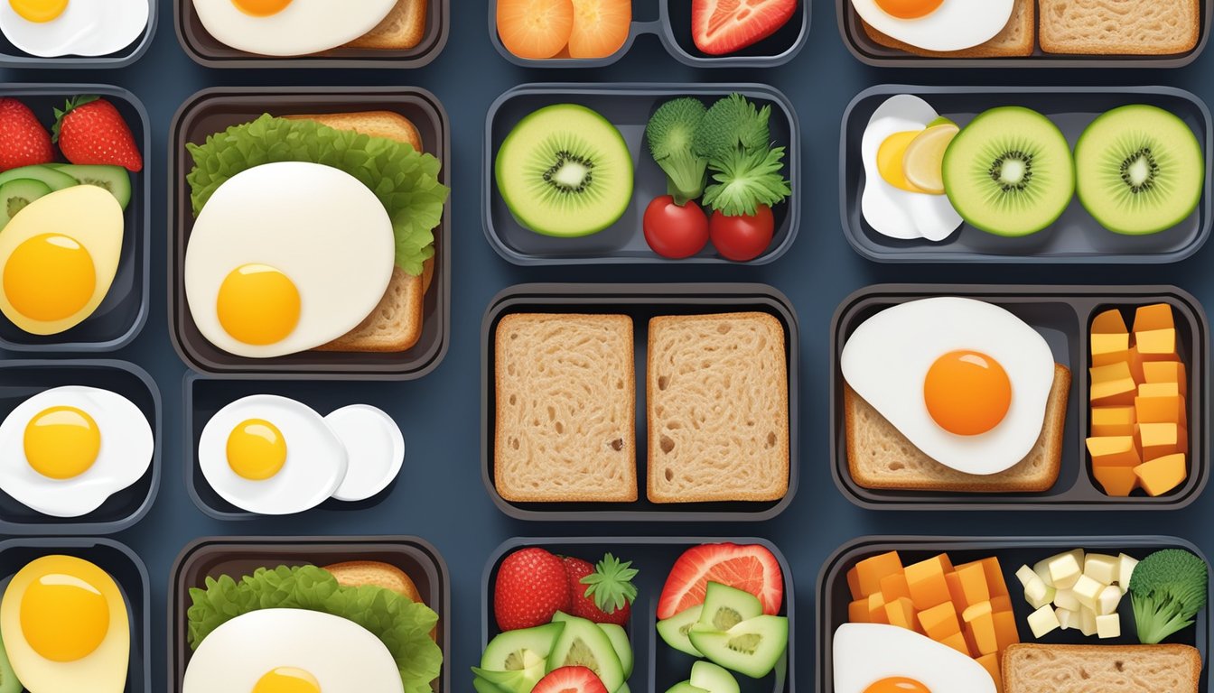 A colorful bento box filled with diabetic-friendly breakfast options such as whole grain toast, fresh fruits, Greek yogurt, and hard-boiled eggs