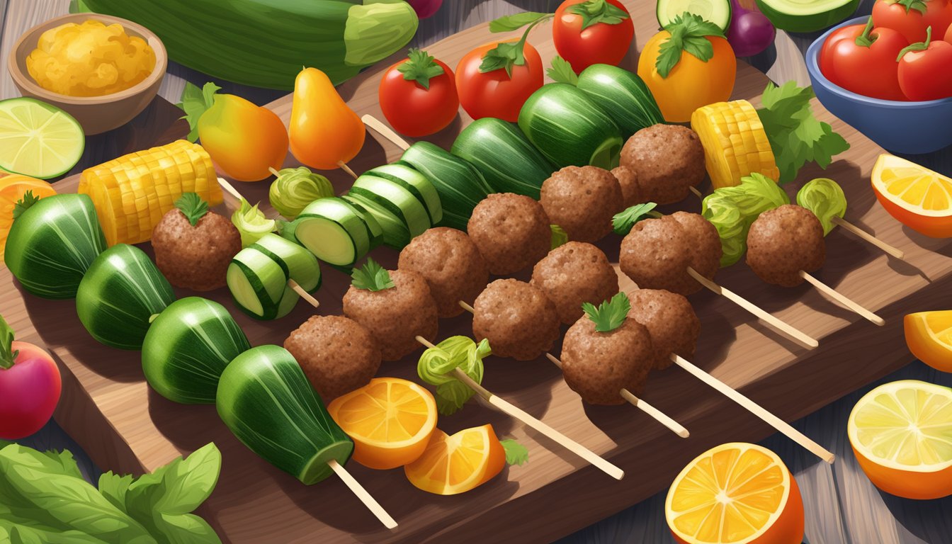 A colorful array of zucchini and turkey meatball kebabs on a wooden platter, surrounded by vibrant fruits and vegetables