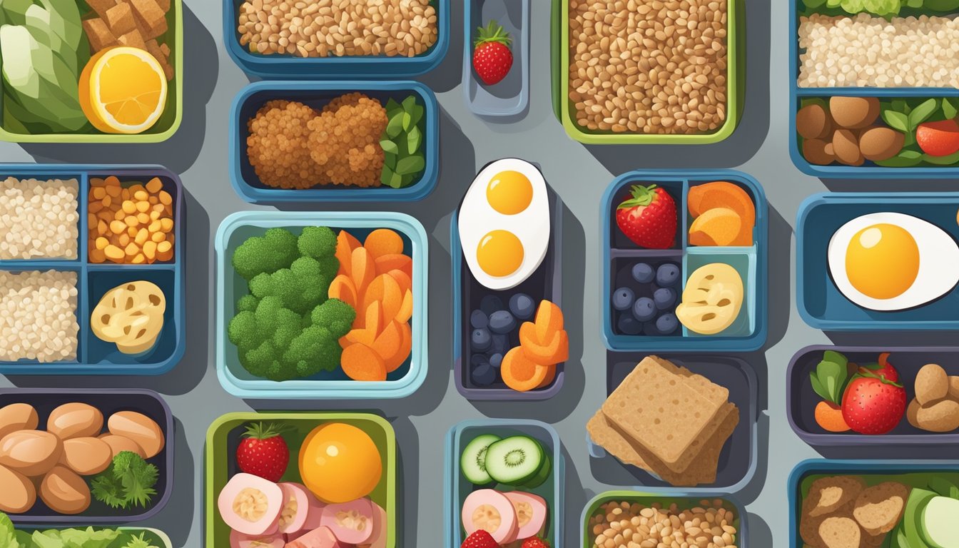 A colorful array of bento boxes filled with diabetic-friendly breakfast items, including whole grains, lean proteins, and fresh fruits and vegetables