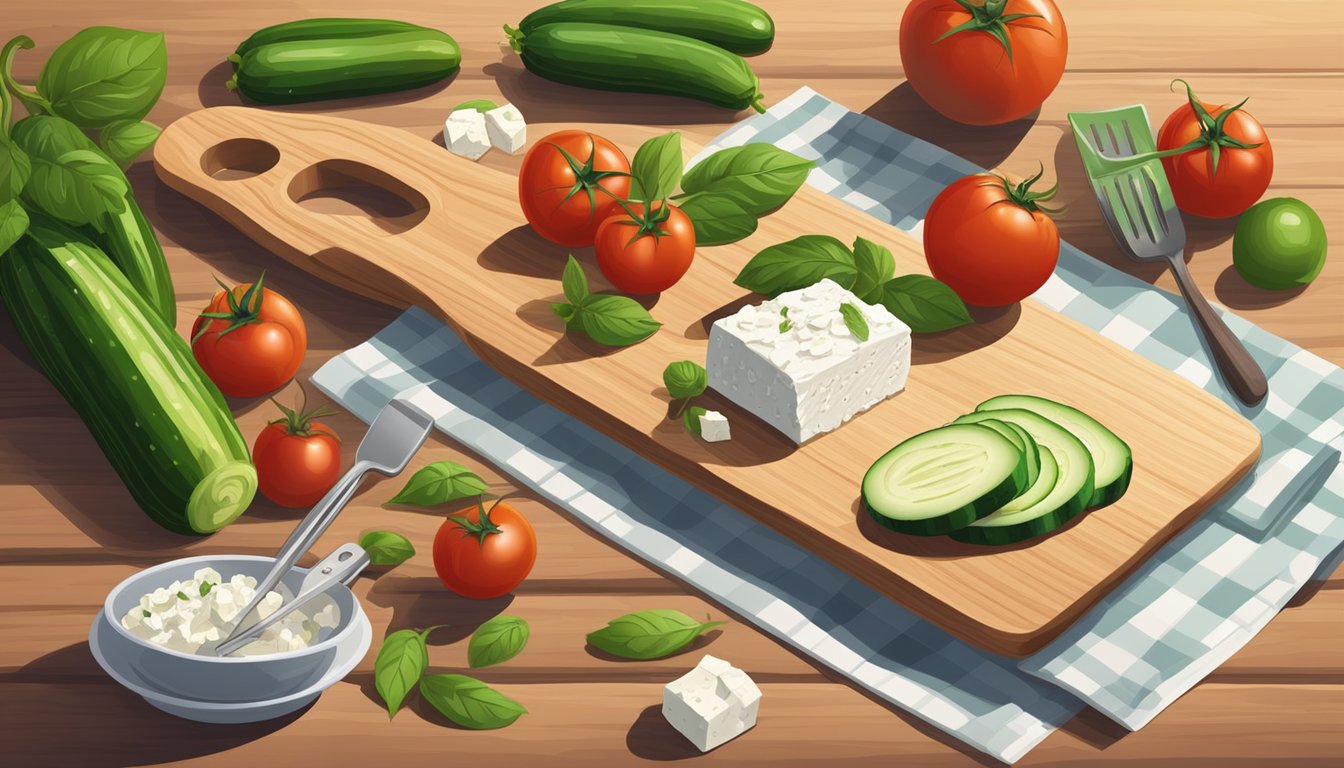 A wooden cutting board with fresh zucchinis, tomatoes, basil, and feta cheese, surrounded by kitchen utensils and a recipe book