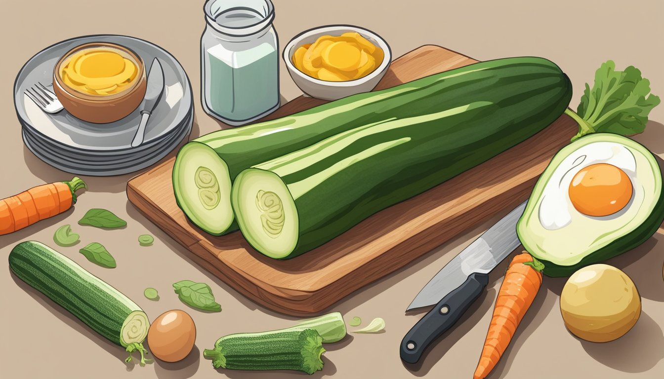 Fresh zucchinis, eggs, and various vegetables arranged on a kitchen counter, with a cutting board and knife nearby. A cookbook open to a page on diabetic-friendly breakfast stuffed zucchini recipes sits next to the ingredients