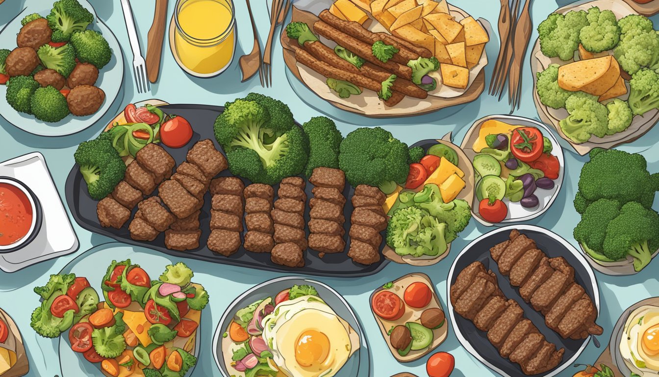 A colorful array of beef and broccoli kebabs arranged on a platter, surrounded by various diabetic-friendly breakfast items