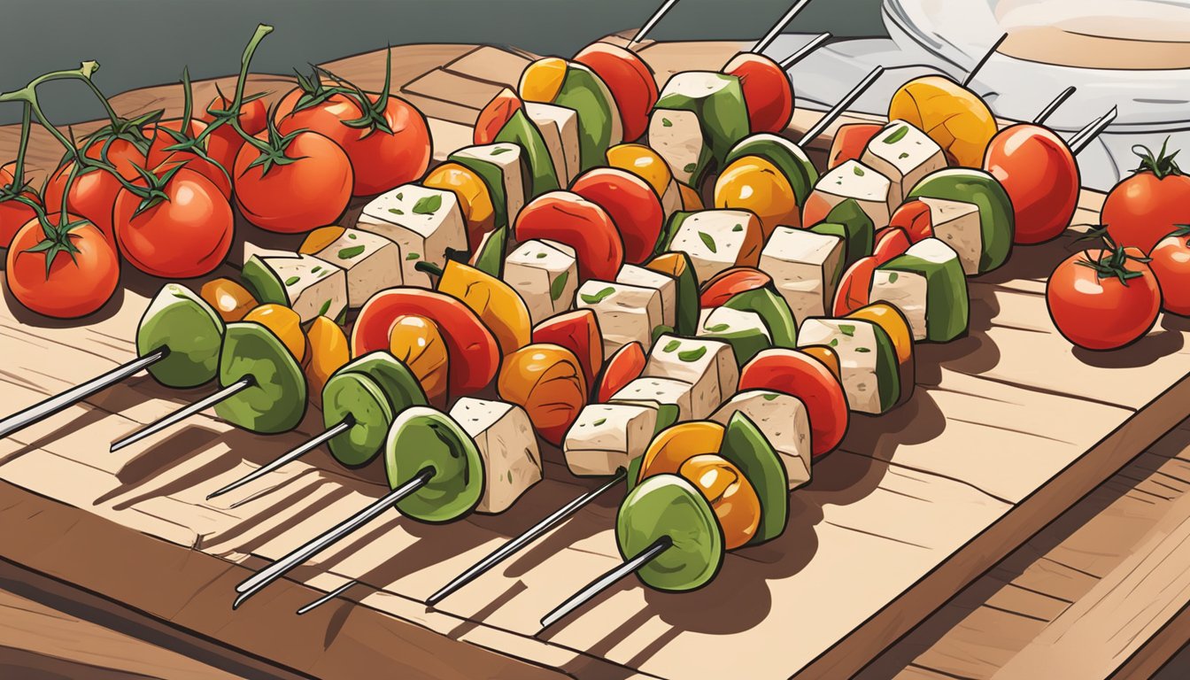 A wooden skewer holds alternating pieces of halloumi and cherry tomatoes, ready to be grilled