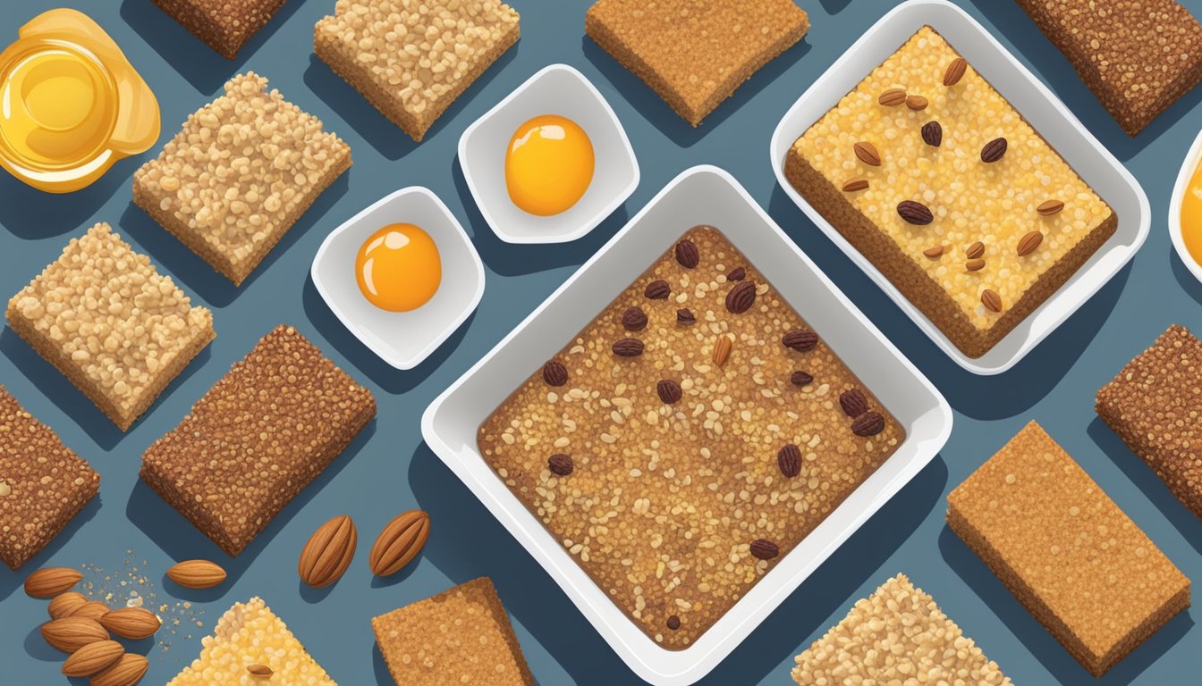 A variety of quinoa breakfast bars arranged on a table with cinnamon sprinkled on top. Ingredients like nuts, fruits, and honey are scattered around