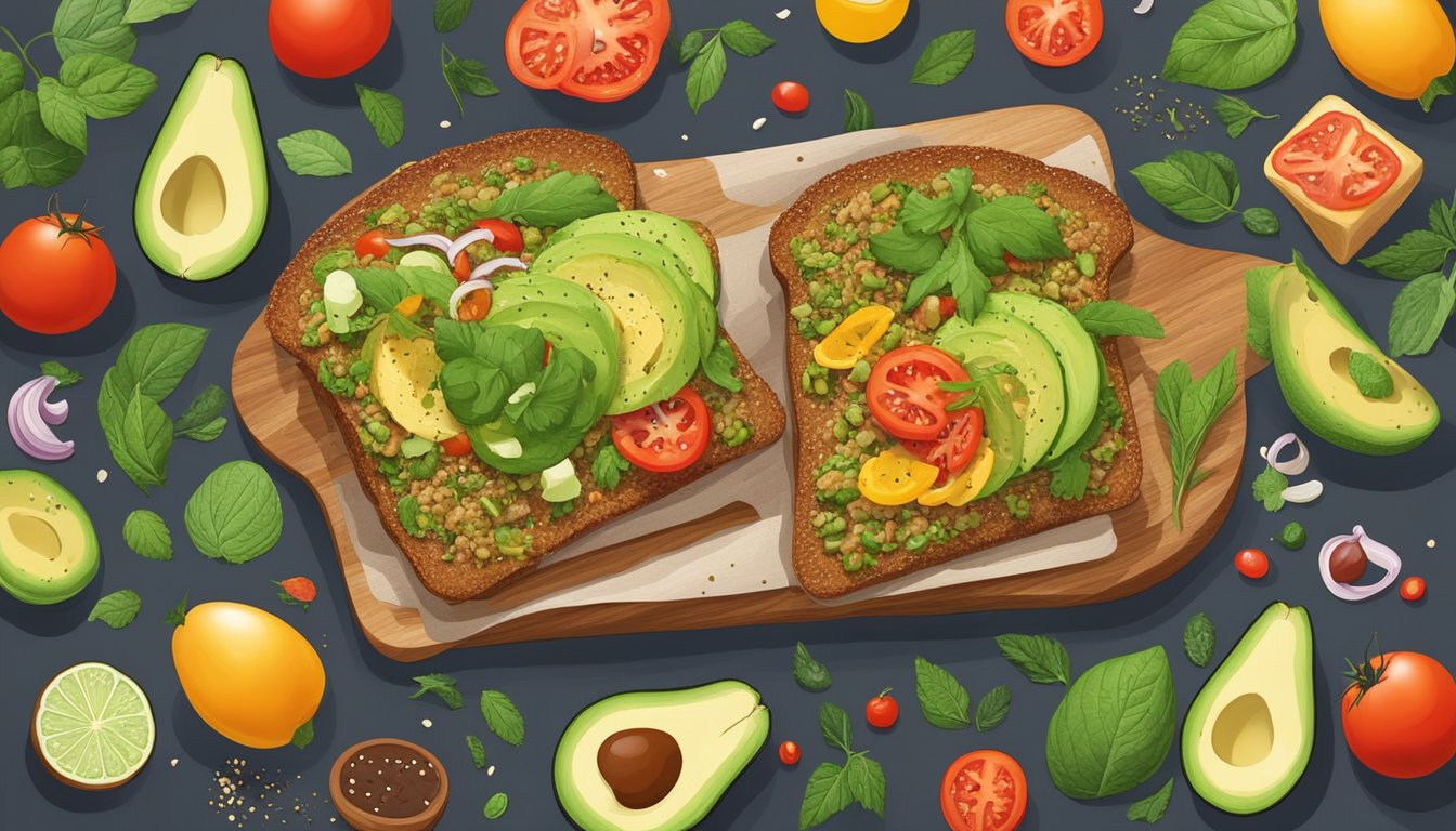 A colorful spread of avocado toast topped with various savory quinoa mixtures, surrounded by fresh ingredients like tomatoes, herbs, and spices