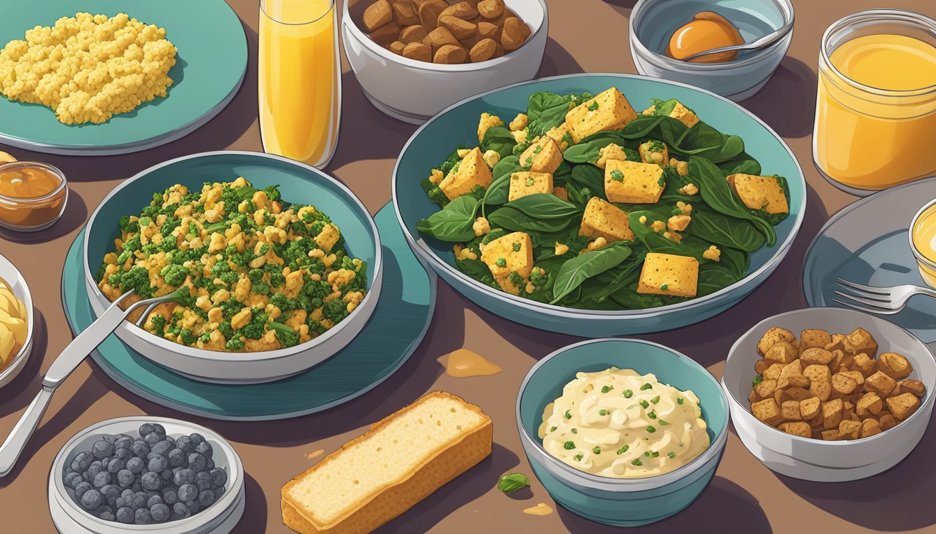 A colorful plate of tofu scramble with spinach, alongside a variety of high-protein plant-based breakfast items