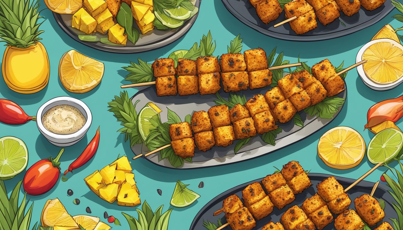 A colorful array of spicy tempeh and pineapple kebabs arranged on a serving platter, with vibrant ingredients and skewers