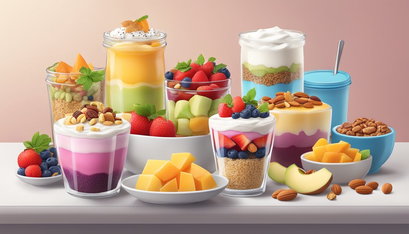 A colorful parfait with layers of quinoa, Greek yogurt, and various fruits and nuts arranged on a table with a variety of breakfast items