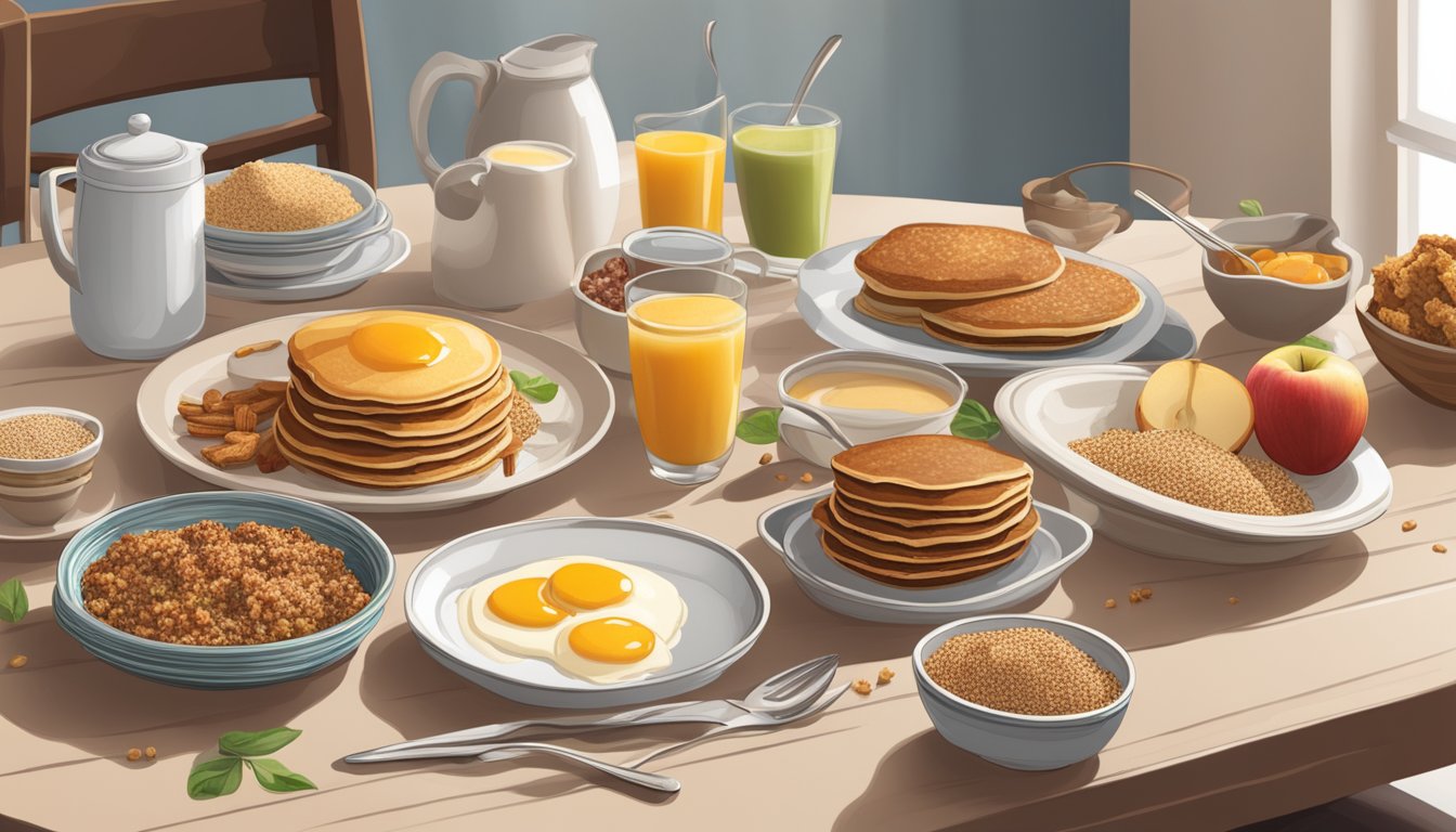 A breakfast table with a stack of apple cinnamon quinoa pancakes and various quinoa-based breakfast dishes displayed