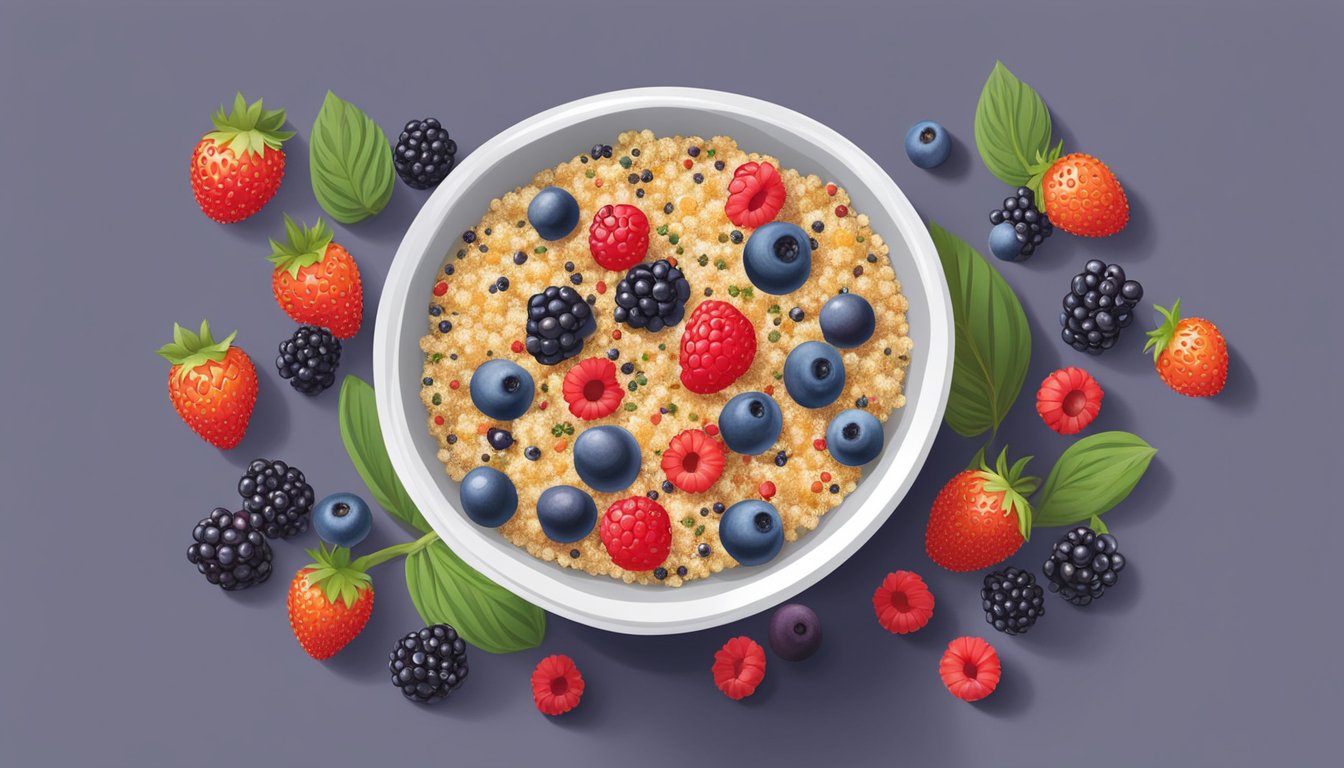 A bowl of quinoa topped with chia seeds and a variety of colorful berries arranged in a visually appealing manner