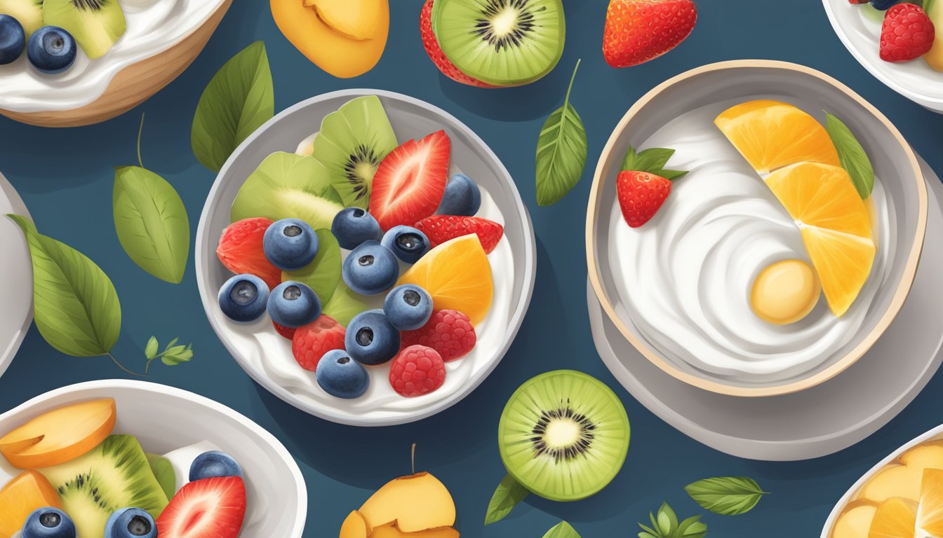 A bowl of coconut yogurt topped with fresh fruit, surrounded by a variety of high-protein plant-based breakfast options