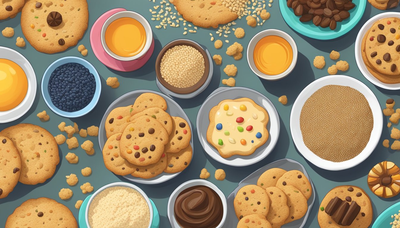 A colorful array of cookies and a bowl of quinoa surrounded by breakfast ingredients