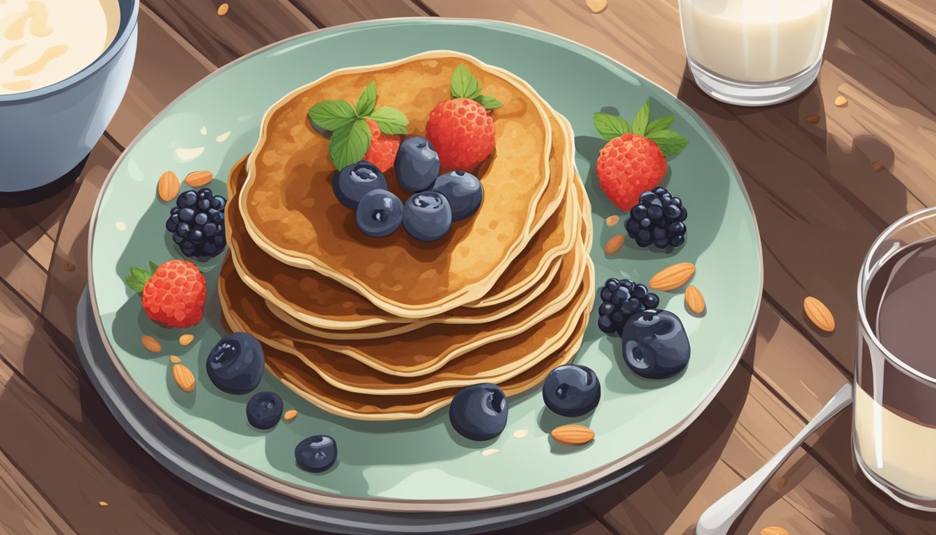 A plate of lentil pancakes drizzled with maple syrup sits on a wooden table, surrounded by fresh berries and a glass of almond milk