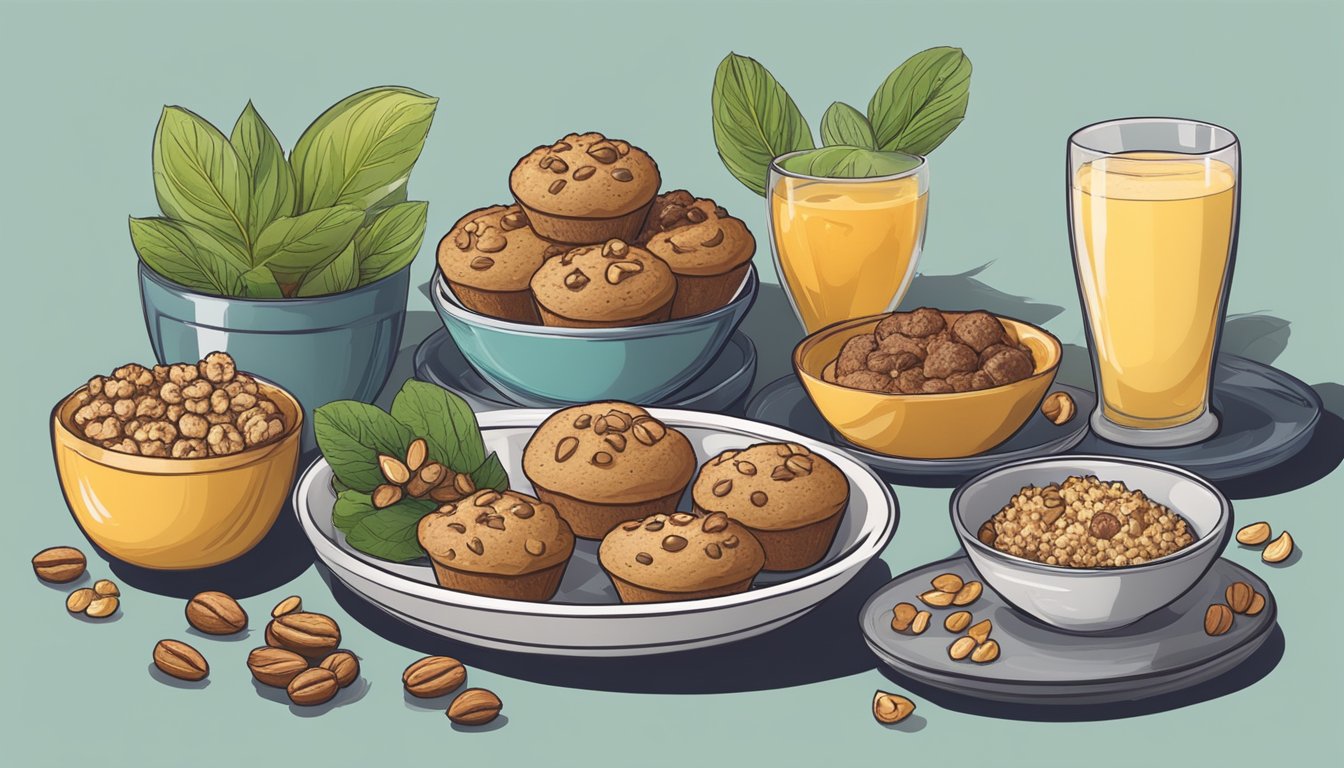 A plate of whole grain muffins with walnuts surrounded by various high-protein plant-based breakfast items