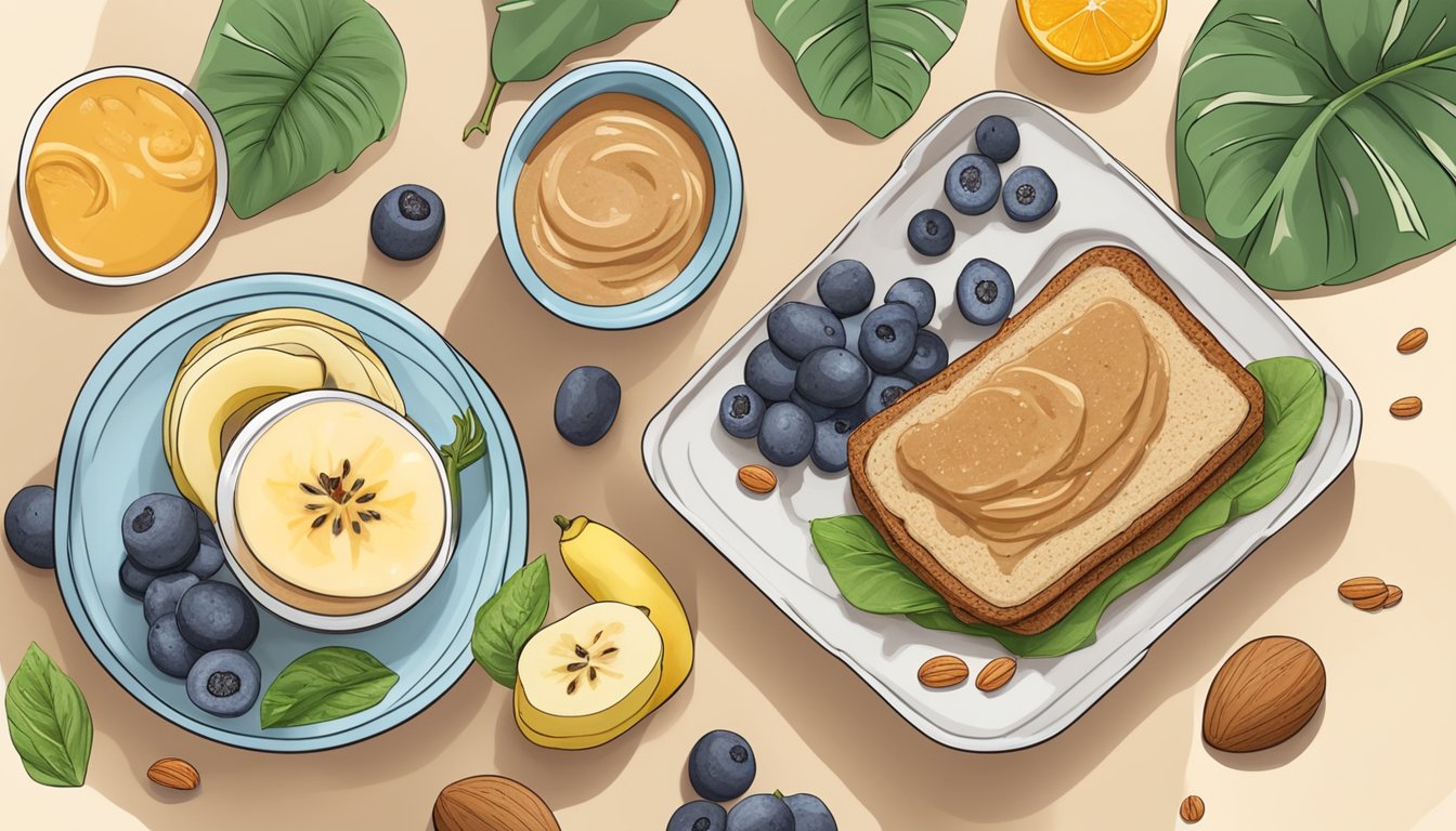 A plate with a sliced almond butter and banana sandwich, surrounded by a variety of high-protein plant-based breakfast ingredients