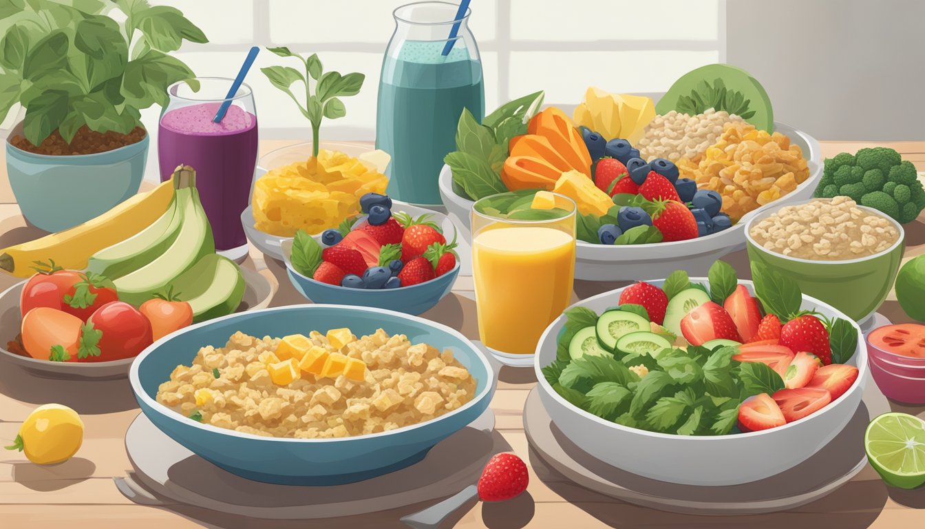 A colorful array of plant-based breakfast options, including oatmeal, smoothie bowls, and tofu scrambles, surrounded by fresh fruits and vegetables