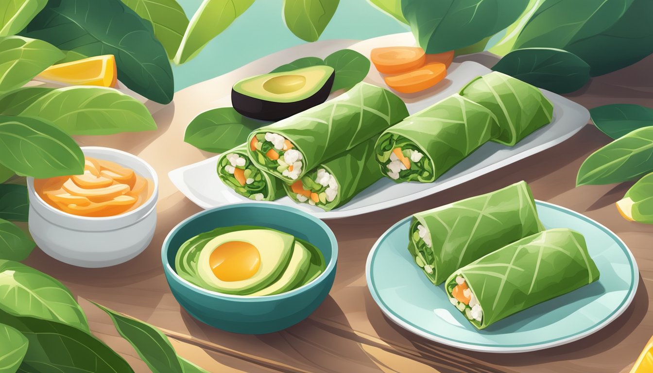 A table set with a plate of avocado and spinach spring rolls, surrounded by fresh ingredients and morning light