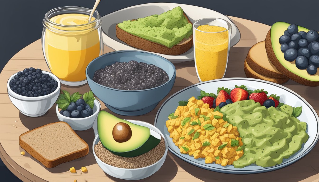 A breakfast table with a variety of high-protein plant-based foods, such as tofu scramble, chia seed pudding, and avocado toast, alongside whole grain bread and fresh fruits