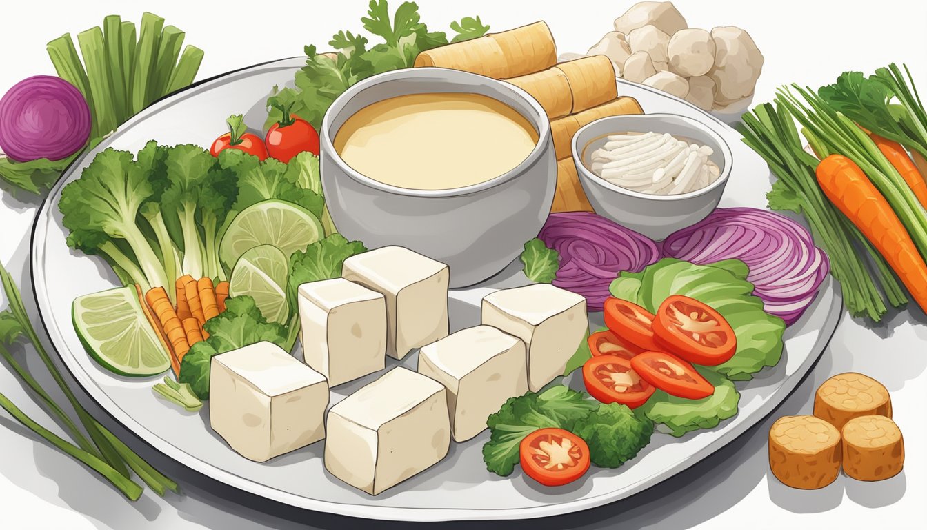 A colorful array of fresh tofu, sliced mushrooms, and vibrant vegetables arranged on a clean, white plate, ready to be rolled into delicious spring rolls