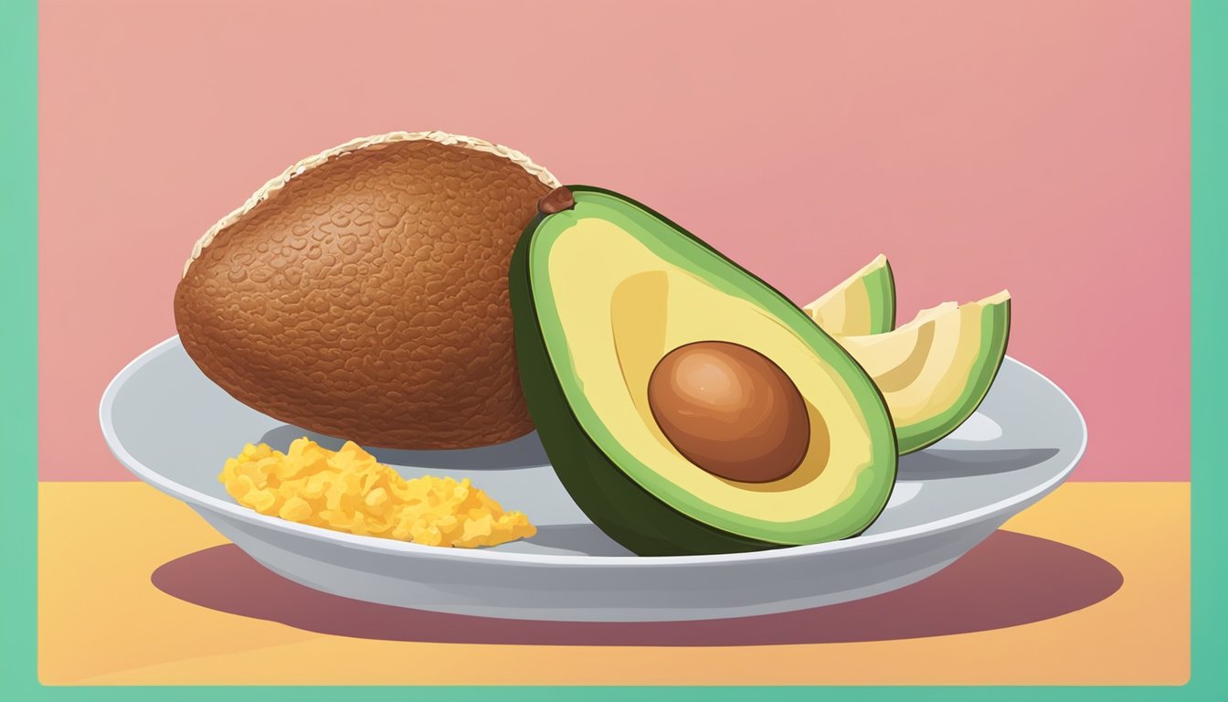 An avocado cut in half, filled with scrambled eggs and turkey bacon, placed on a plate with a colorful background