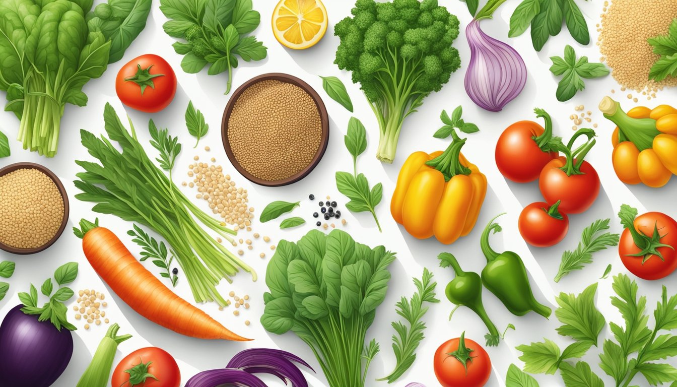 A colorful array of quinoa and vegetable ingredients arranged on a clean, white surface, surrounded by vibrant green herbs and fresh produce