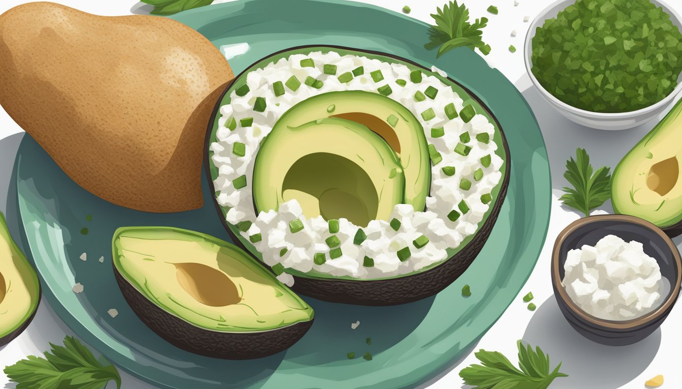 A ripe avocado cut in half, filled with cottage cheese and chives, sits on a plate surrounded by other breakfast ingredients