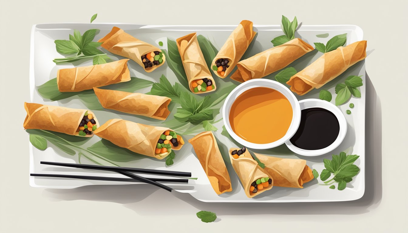 A colorful array of sweet potato and black bean spring rolls arranged on a clean, white plate, garnished with fresh herbs and served with a side of dipping sauce