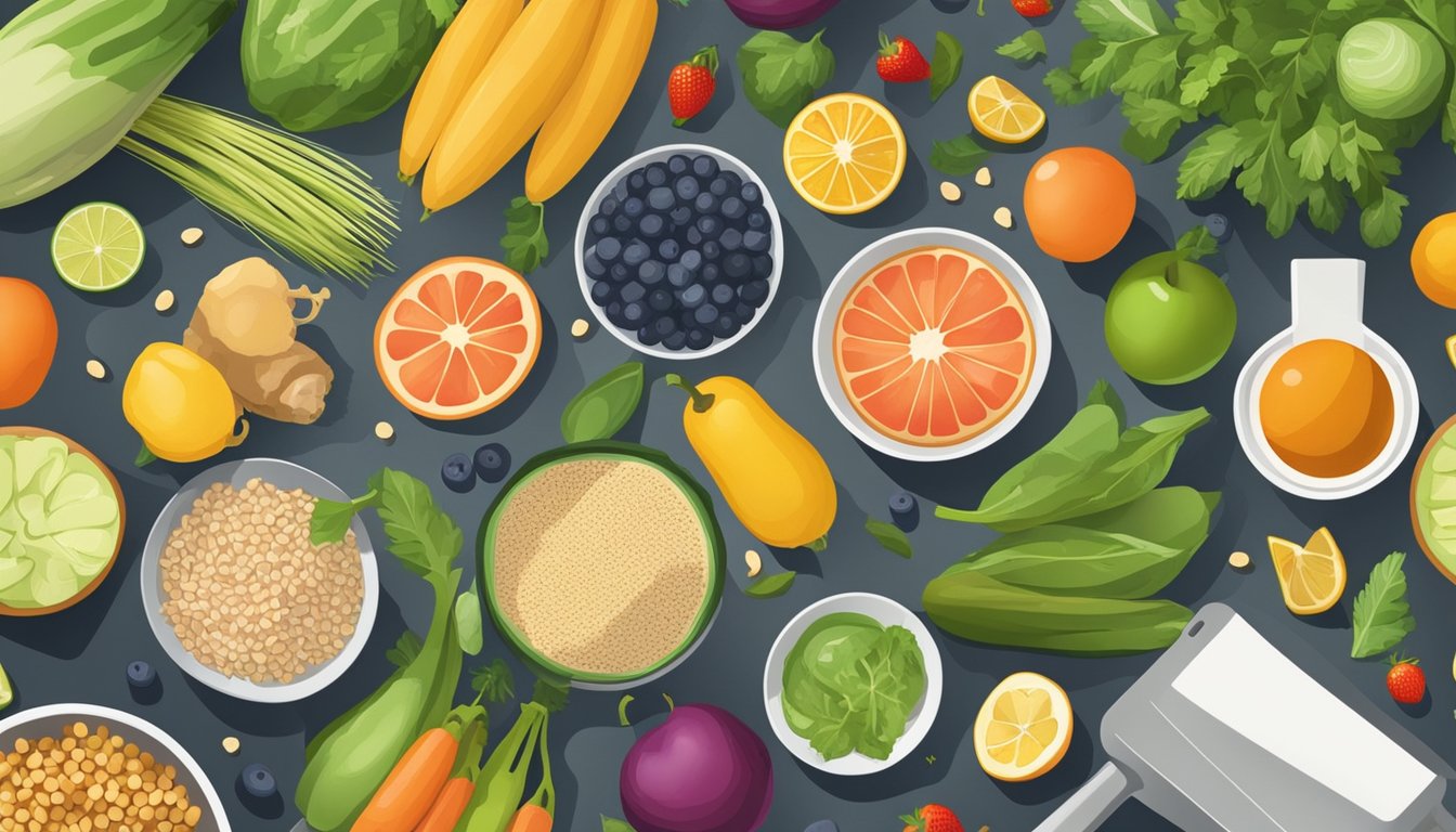 A colorful array of fresh fruits, vegetables, and whole grains arranged on a kitchen counter, with a variety of kitchen utensils and ingredients for making spring rolls