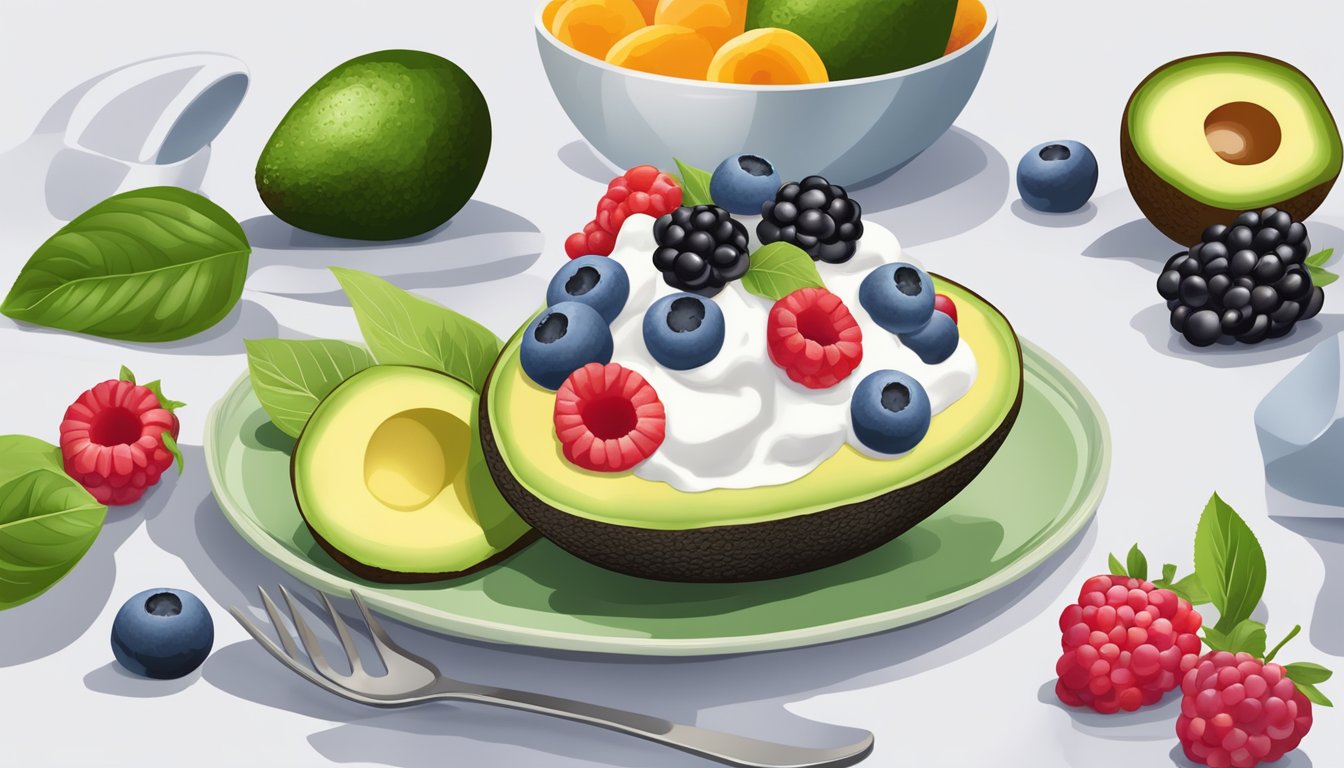 A ripe avocado filled with Greek yogurt and topped with a colorful mix of fresh berries, creating a visually appealing and healthy breakfast option for diabetics