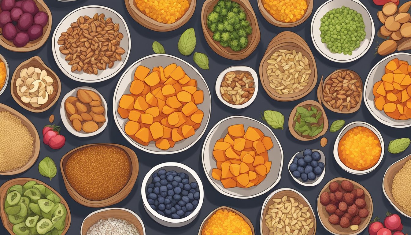 A colorful array of sweet potato bowls, each topped with different ingredients like nuts, seeds, and fruits, arranged on a wooden table