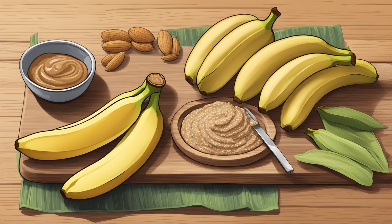 A colorful array of fresh bananas, almond butter, and whole grain wraps arranged on a wooden cutting board