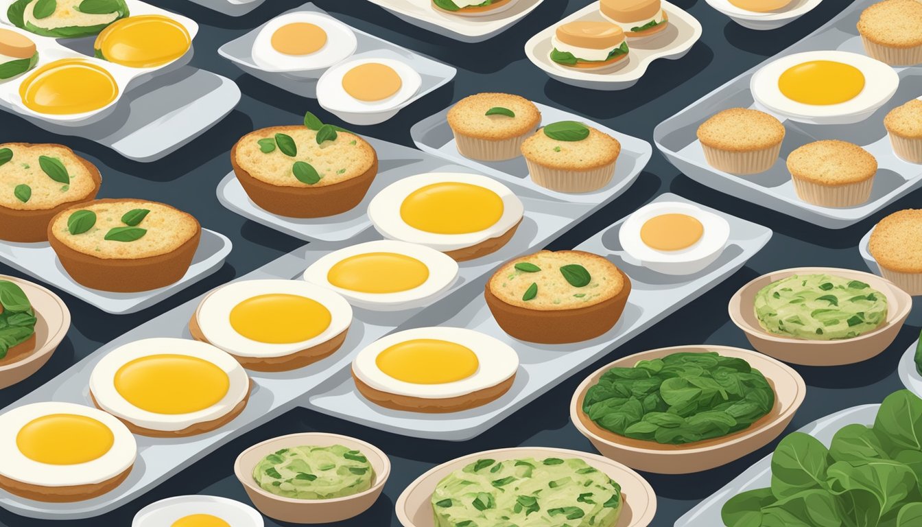 A platter of egg white muffins with turkey and spinach, surrounded by various diabetic-friendly breakfast sandwich alternatives