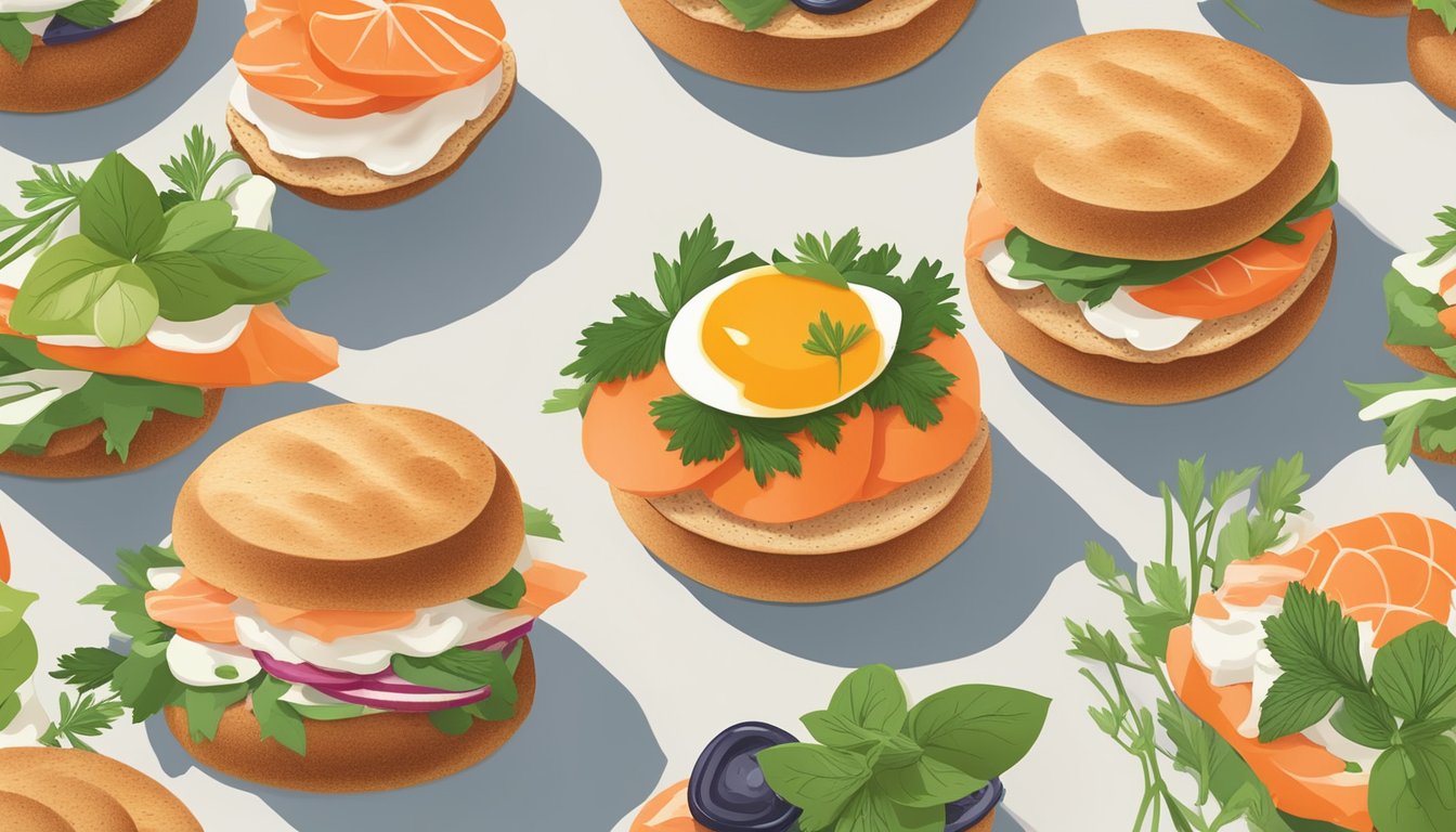 A whole wheat English muffin topped with smoked salmon and fresh herbs, surrounded by a variety of colorful and vibrant diabetic-friendly breakfast sandwich alternatives