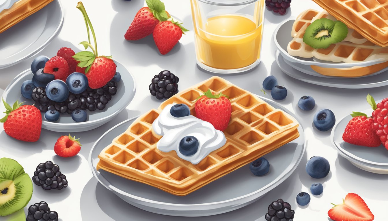 A golden waffle sandwich filled with Greek yogurt and fresh mixed berries, surrounded by a variety of diabetic-friendly breakfast sandwich alternatives