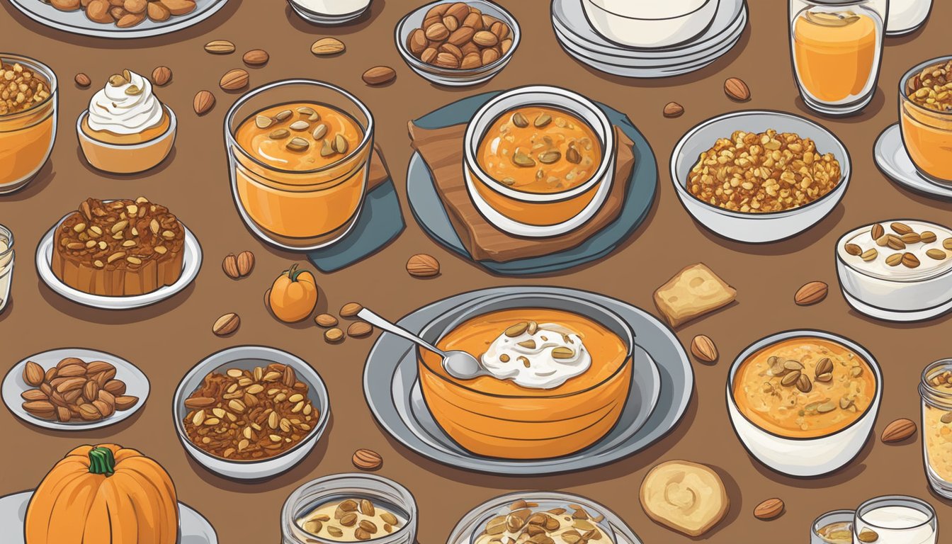 A pumpkin yogurt parfait topped with nuts sits on a table alongside a spread of 11 different pumpkin-infused breakfast options