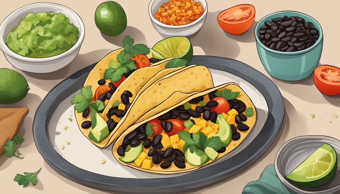 A colorful breakfast taco filled with sweet potato and black beans, surrounded by fresh ingredients like avocado, tomatoes, and cilantro