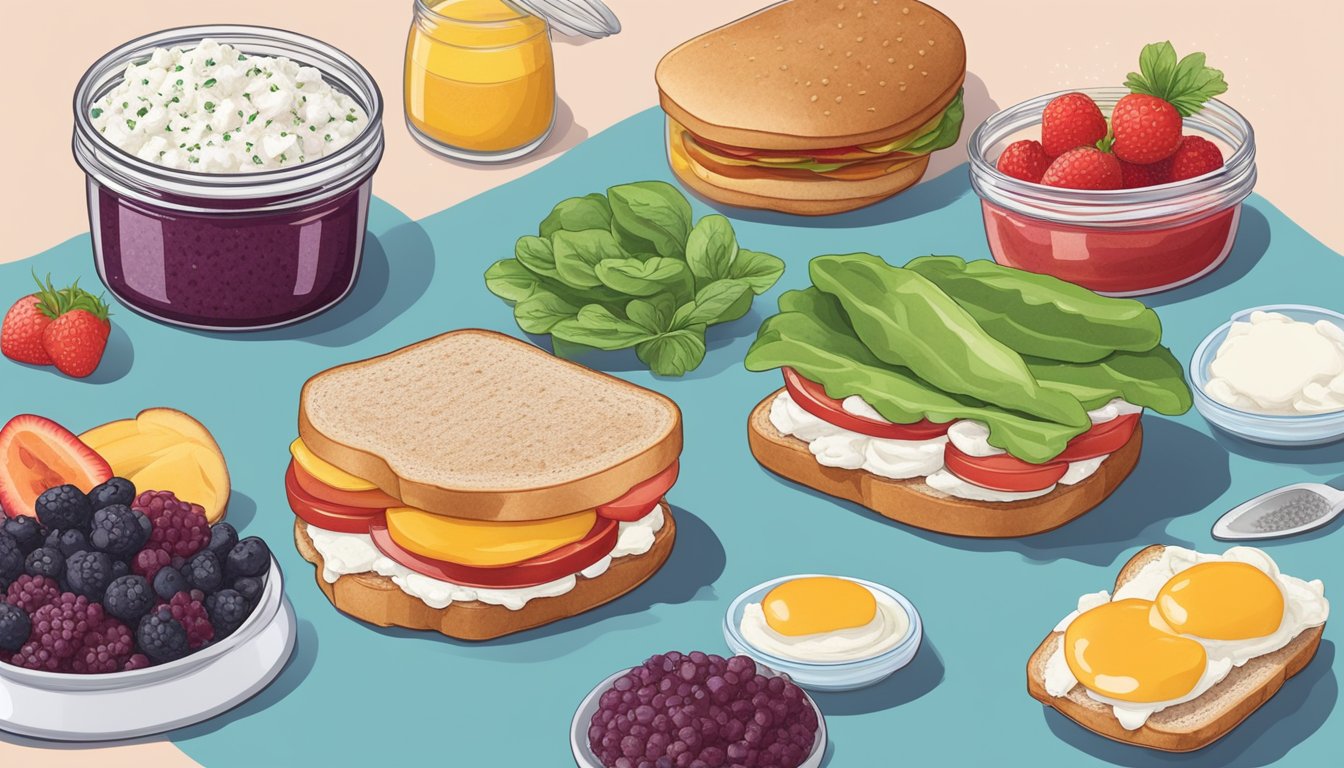 A colorful illustration of a chia seed jam and cottage cheese sandwich surrounded by 9 other diabetic-friendly breakfast sandwich alternatives