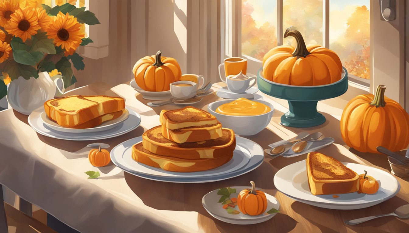 A table set with a variety of pumpkin-themed breakfast dishes, including baked pumpkin French toast, surrounded by autumn decorations and morning sunlight streaming in through a window