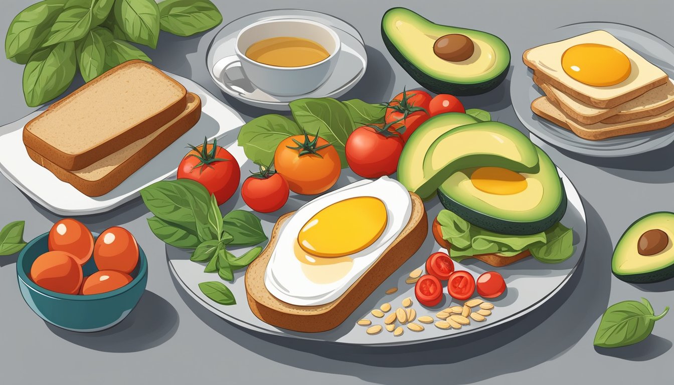 A table filled with colorful and nutritious ingredients such as whole grain bread, eggs, avocado, spinach, and tomatoes, with various combinations for diabetic-friendly breakfast sandwiches