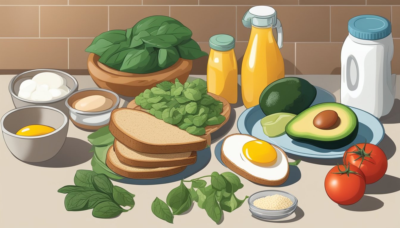 A variety of ingredients such as eggs, whole grain bread, avocado, tomatoes, and spinach are arranged on a kitchen counter, ready to be used in creating diabetic-friendly breakfast sandwiches