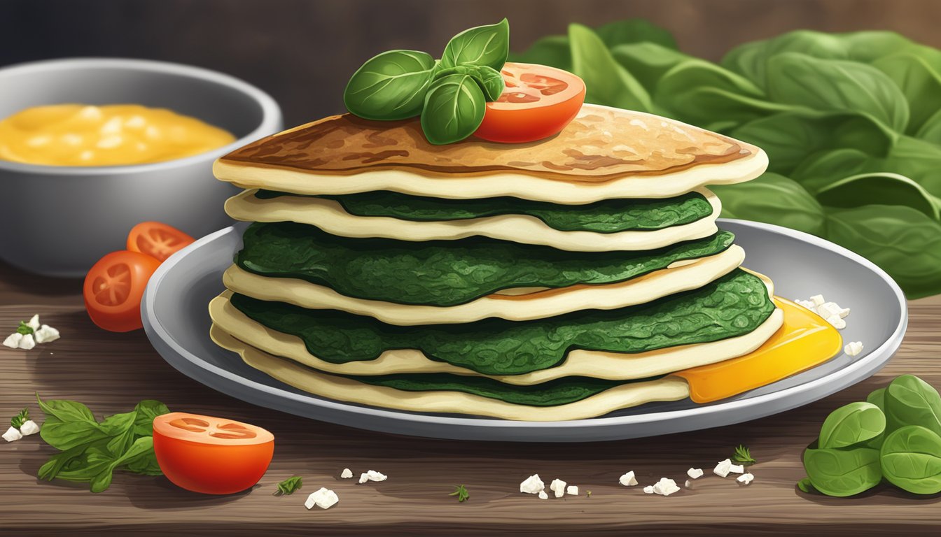 A stack of savory spinach and feta pancakes with a side of fresh vegetables and a sprinkle of herbs on a rustic wooden table