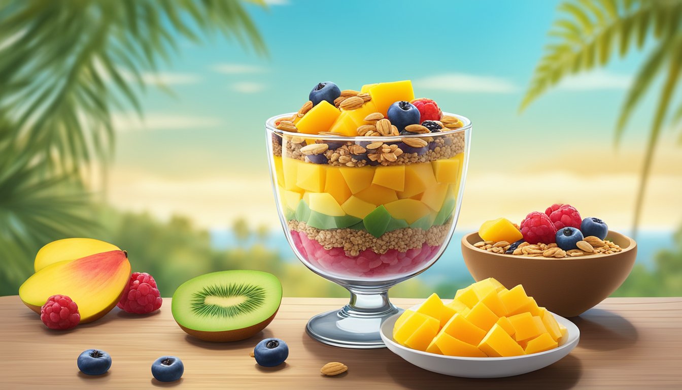 A colorful tropical mango chia parfait sits on a table surrounded by fresh fruit and granola, with a bright and sunny backdrop