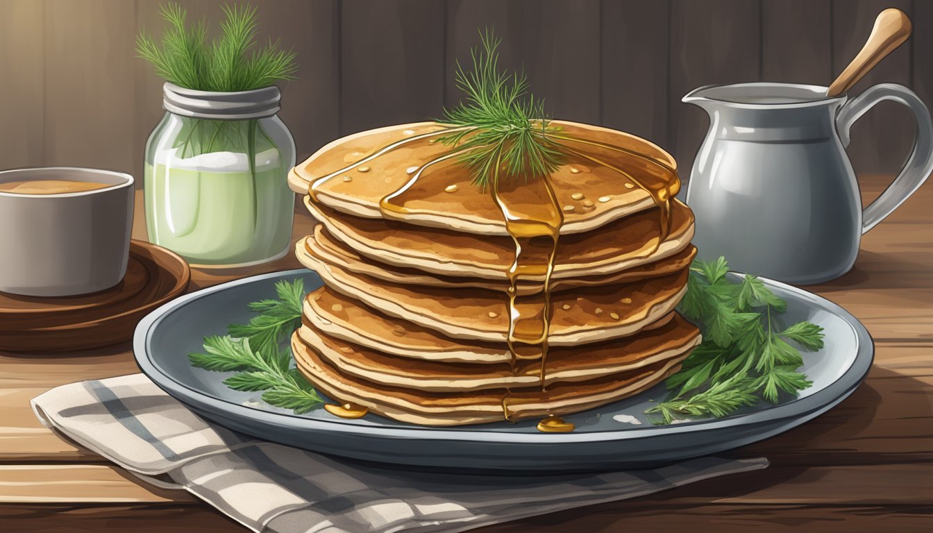 A stack of savory buckwheat and dill pancakes with fresh herbs and a side of sugar-free syrup on a rustic wooden table