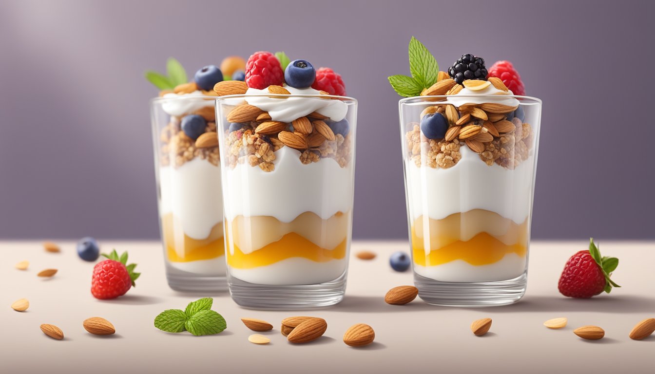 A glass parfait dish filled with layers of almond coconut crunch, yogurt, and fresh berries, topped with a sprinkle of granola and a drizzle of honey